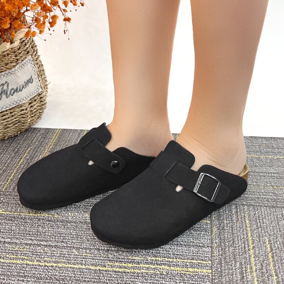 Lurnyet Women Slip On Black Suede Clogs with Buckle Closure Sandal - Picture 6 of 7